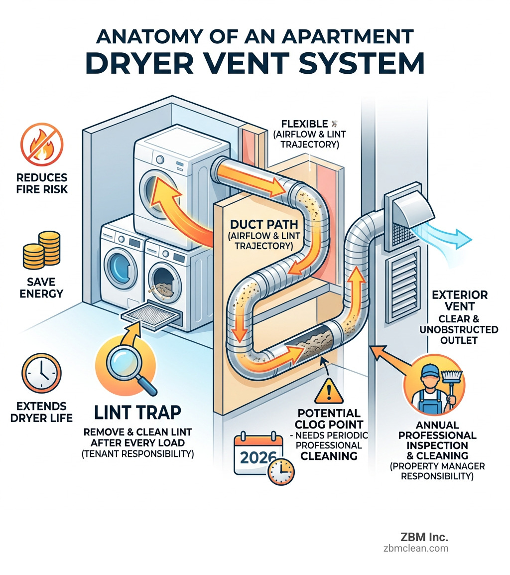 Anatomy of an apartment dryer vent system showing duct path, lint trap, and exterior vent - apartment dryer vent cleaning