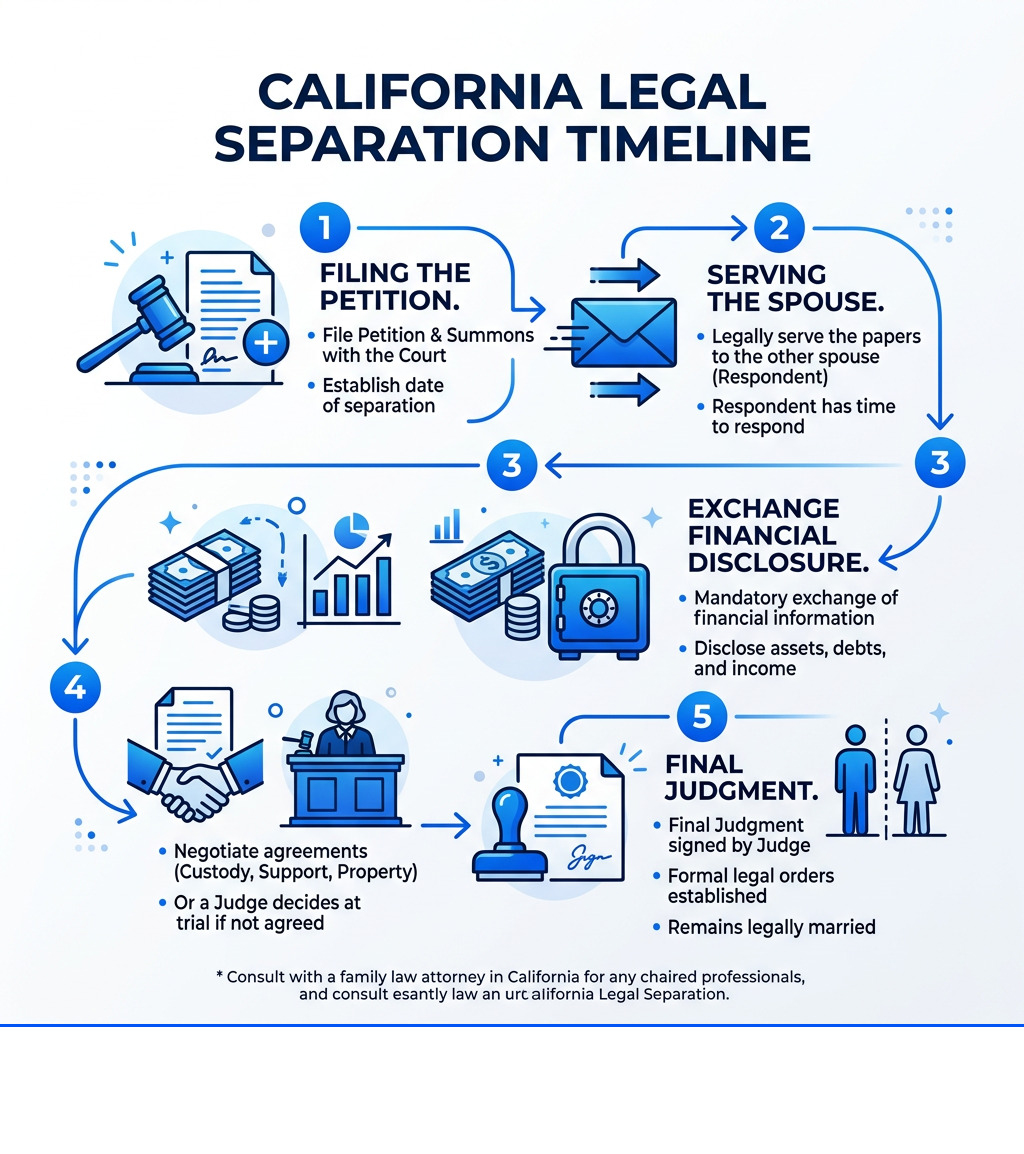 California legal separation timeline infographic: filing, service, disclosure, judgment steps - legal separation in the