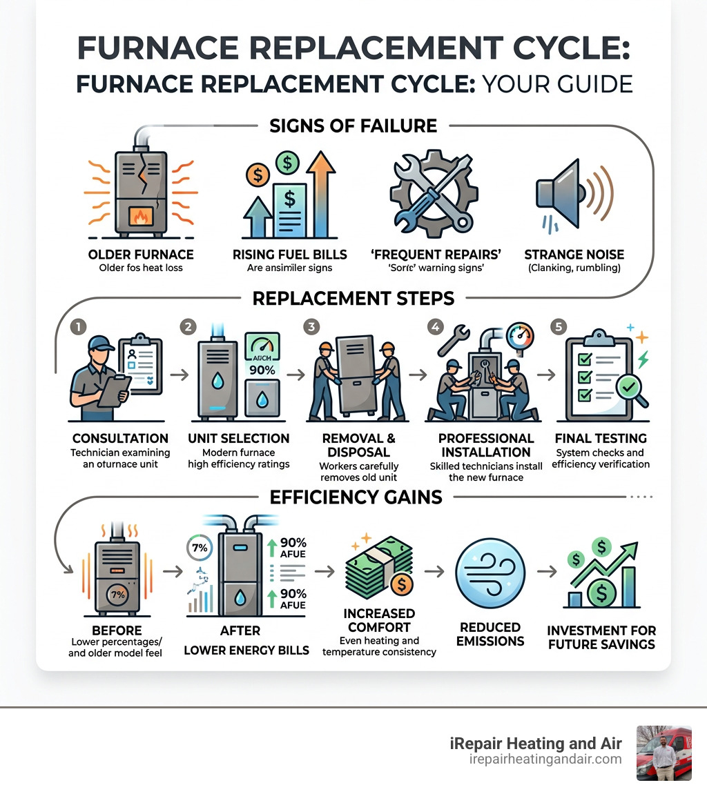 Furnace replacement cycle infographic showing signs of failure, replacement steps, and efficiency gains - furnace