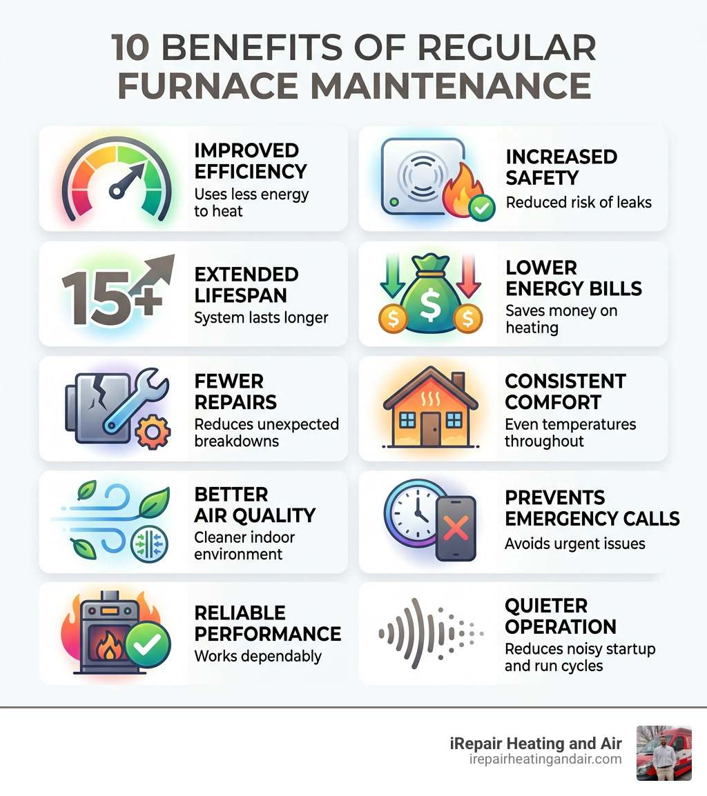 Infographic showing 10 benefits of regular furnace maintenance including efficiency, safety, and lifespan - furnace