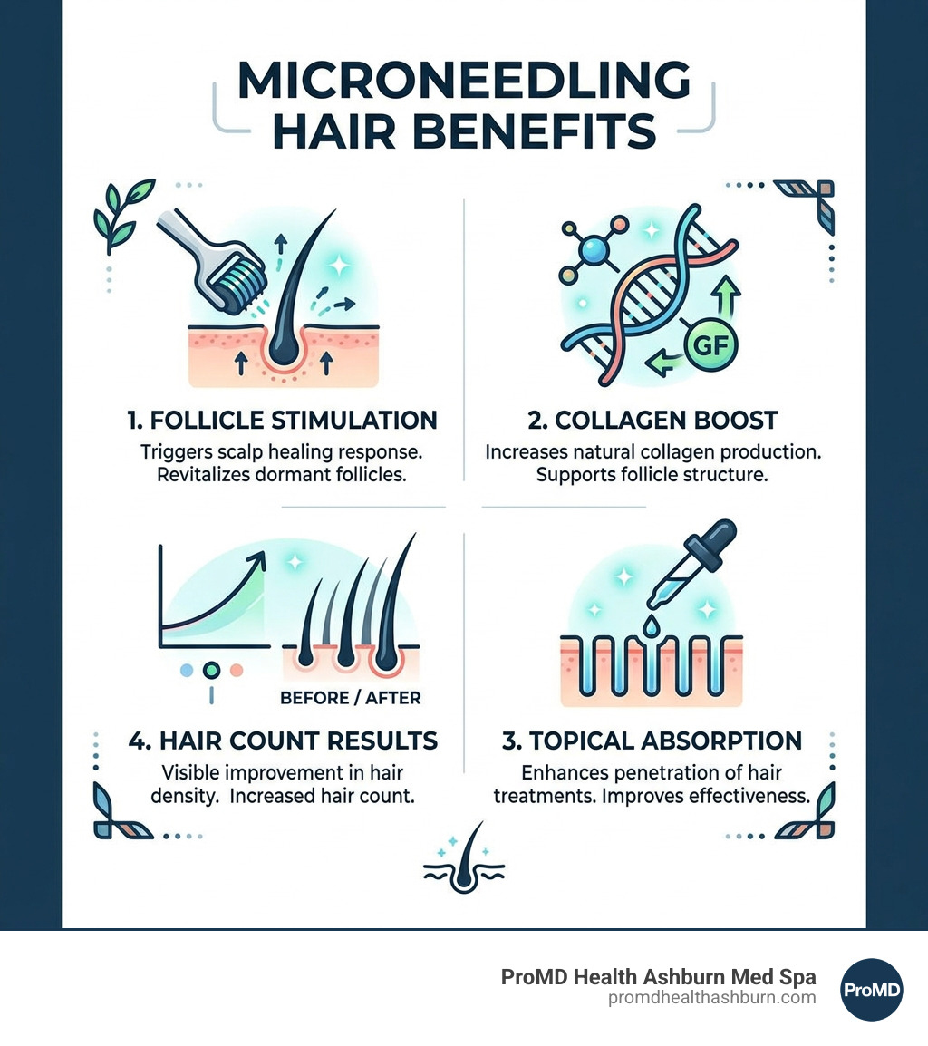 infographic showing microneedling hair benefits: follicle stimulation, collagen boost, topical absorption, hair count infographic showing microneedling hair benefits: follicle stimulation, collagen boost, topical absorption, hair count