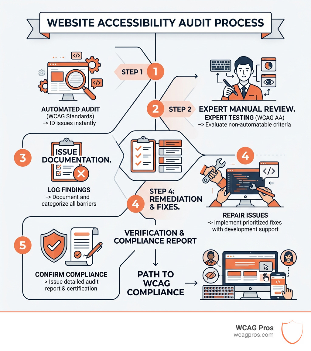 Infographic showing the website accessibility audit process from scan to compliance report - website accessibility audit Infographic showing the website accessibility audit process from scan to compliance report - website accessibility audit