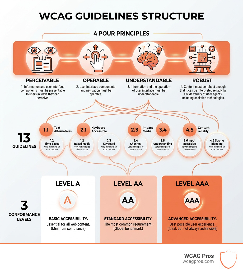 Infographic showing WCAG guidelines structure: 4 POUR principles, 13 guidelines, 3 conformance levels A AA AAA - wcag Infographic showing WCAG guidelines structure: 4 POUR principles, 13 guidelines, 3 conformance levels A AA AAA - wcag