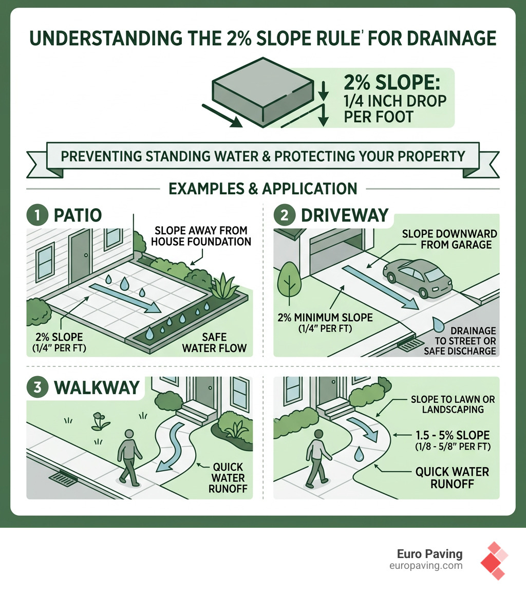 Infographic showing the 2% slope rule: 1/4 inch drop per foot, with examples for patio, driveway, and walkway surfaces