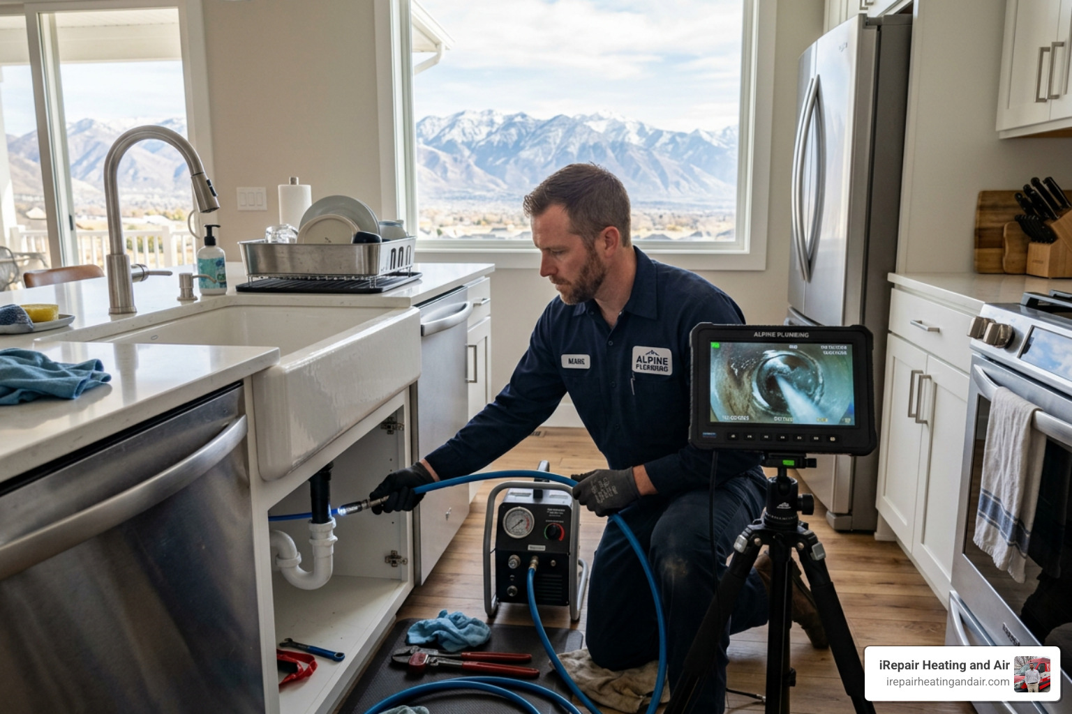 Professional plumber using a high-tech drain cleaning tool to clear a stubborn blockage in a Salt Lake City home - plumbing Professional plumber using a high-tech drain cleaning tool to clear a stubborn blockage in a Salt Lake City home - plumbing