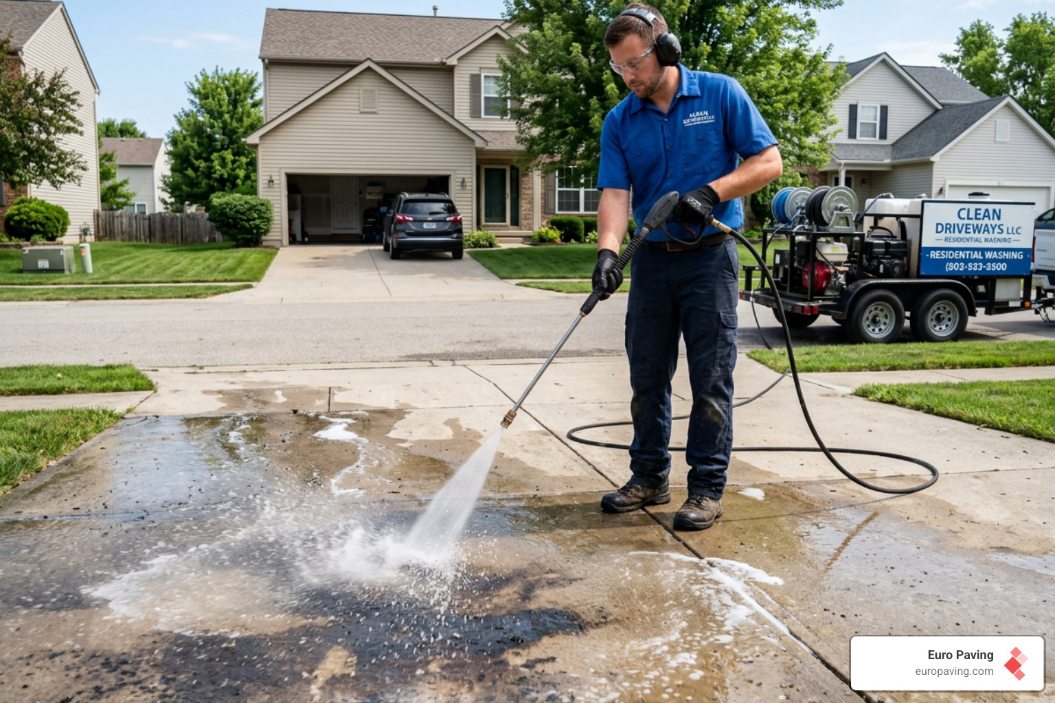 Technician using professional equipment to remove deep oil stains from a residential driveway - driveway maintenance tips