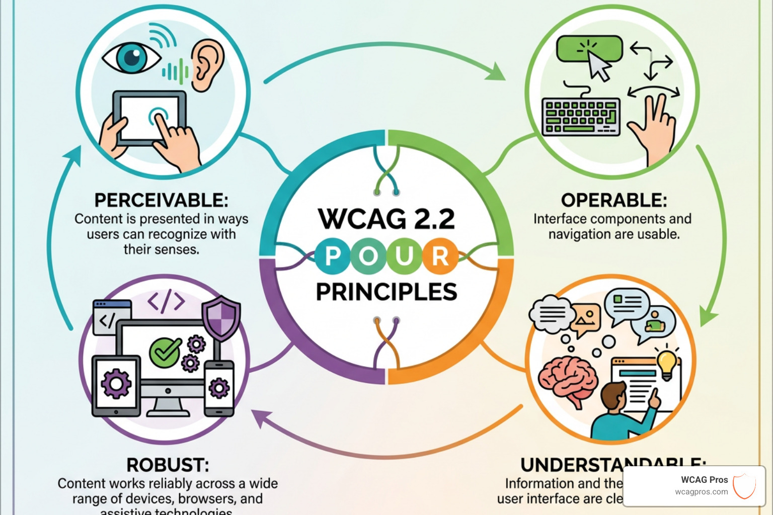 Graphic illustrating WCAG 2.2 success criteria categories - website accessibility audit Graphic illustrating WCAG 2.2 success criteria categories - website accessibility audit
