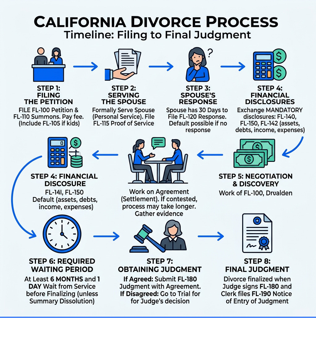 California divorce process timeline from filing to final judgment - forms for filing for divorce in california infographic 