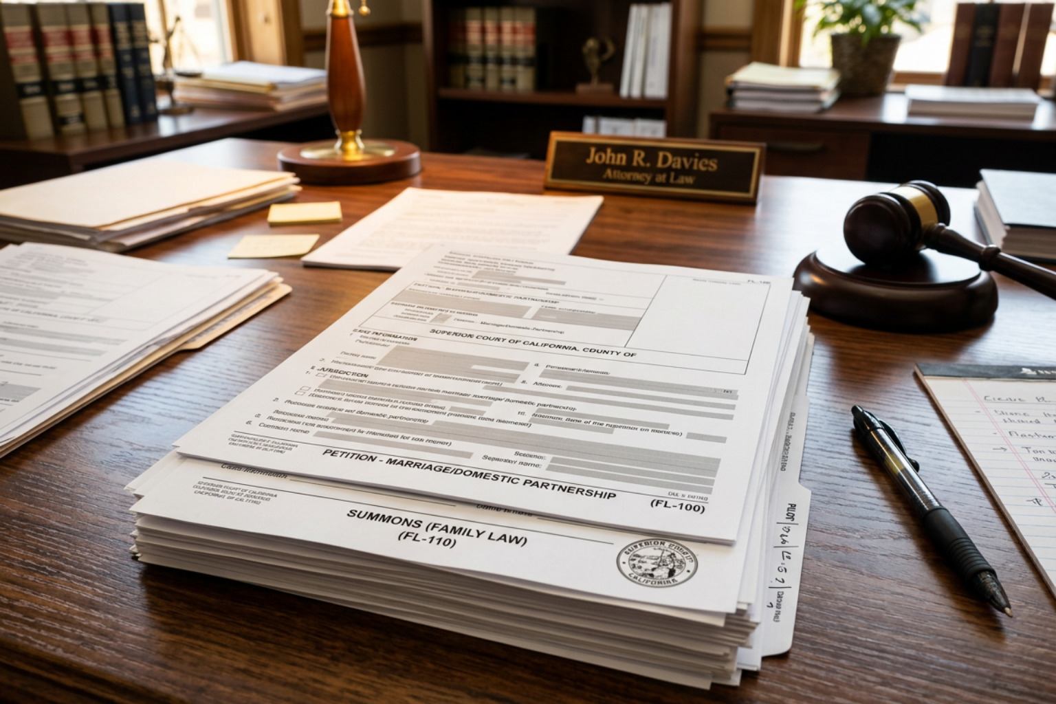 Stack of official California divorce forms including the FL-100 and FL-110 summons - application for divorce pdf