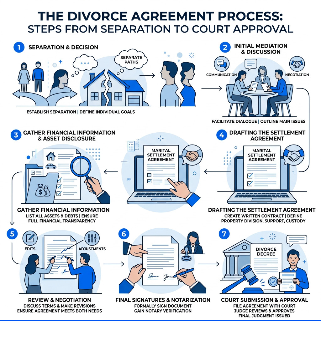 Infographic showing the key steps in the divorce agreement process from separation to court approval - divorce agreement