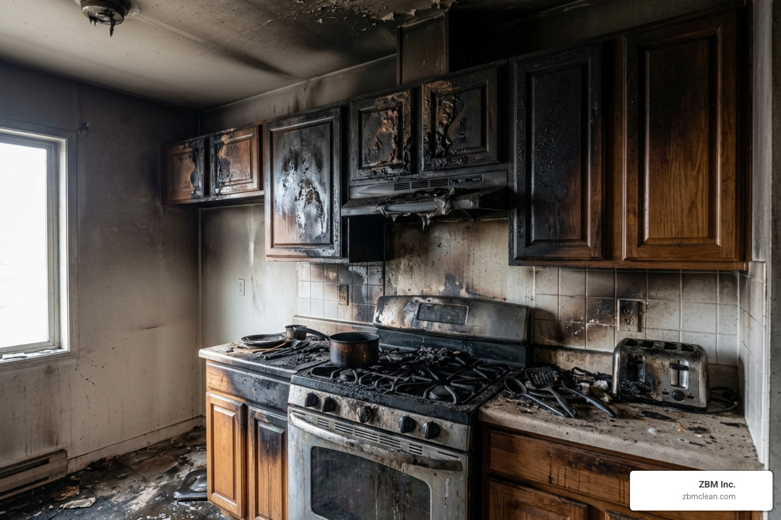 A kitchen fire aftermath showing charred cabinets and heavy soot deposits - fire damage cleanup services A kitchen fire aftermath showing charred cabinets and heavy soot deposits - fire damage cleanup services