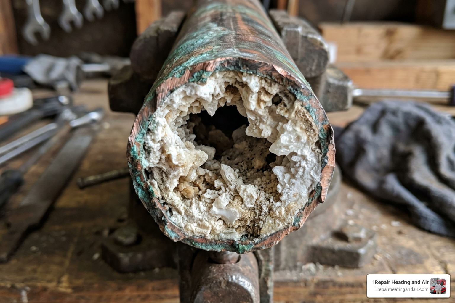 Hard water scale buildup inside a copper pipe - water heater installation provo