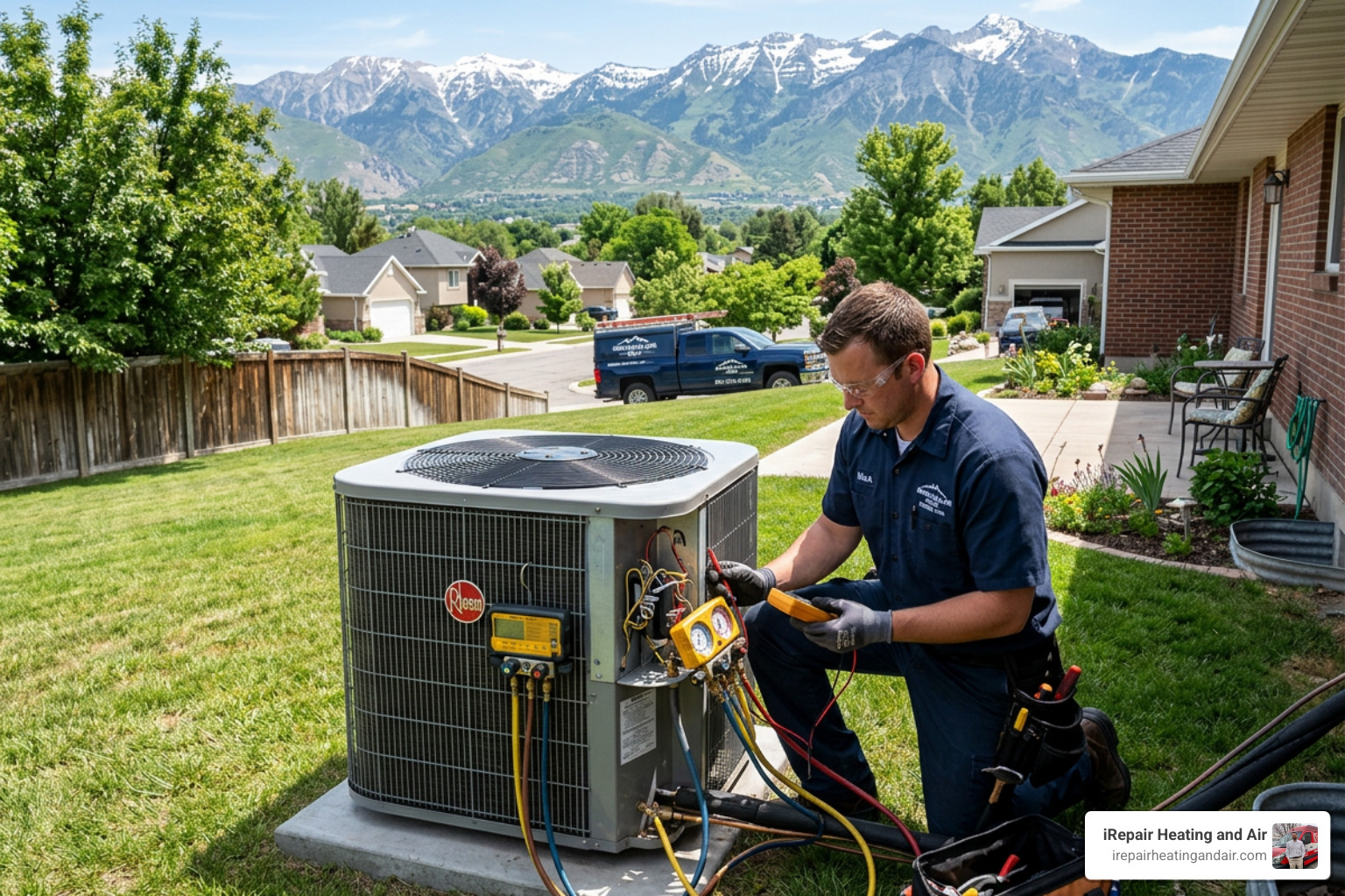 Technician inspecting an outdoor condenser unit in Ogden UT - ac service ogden ut