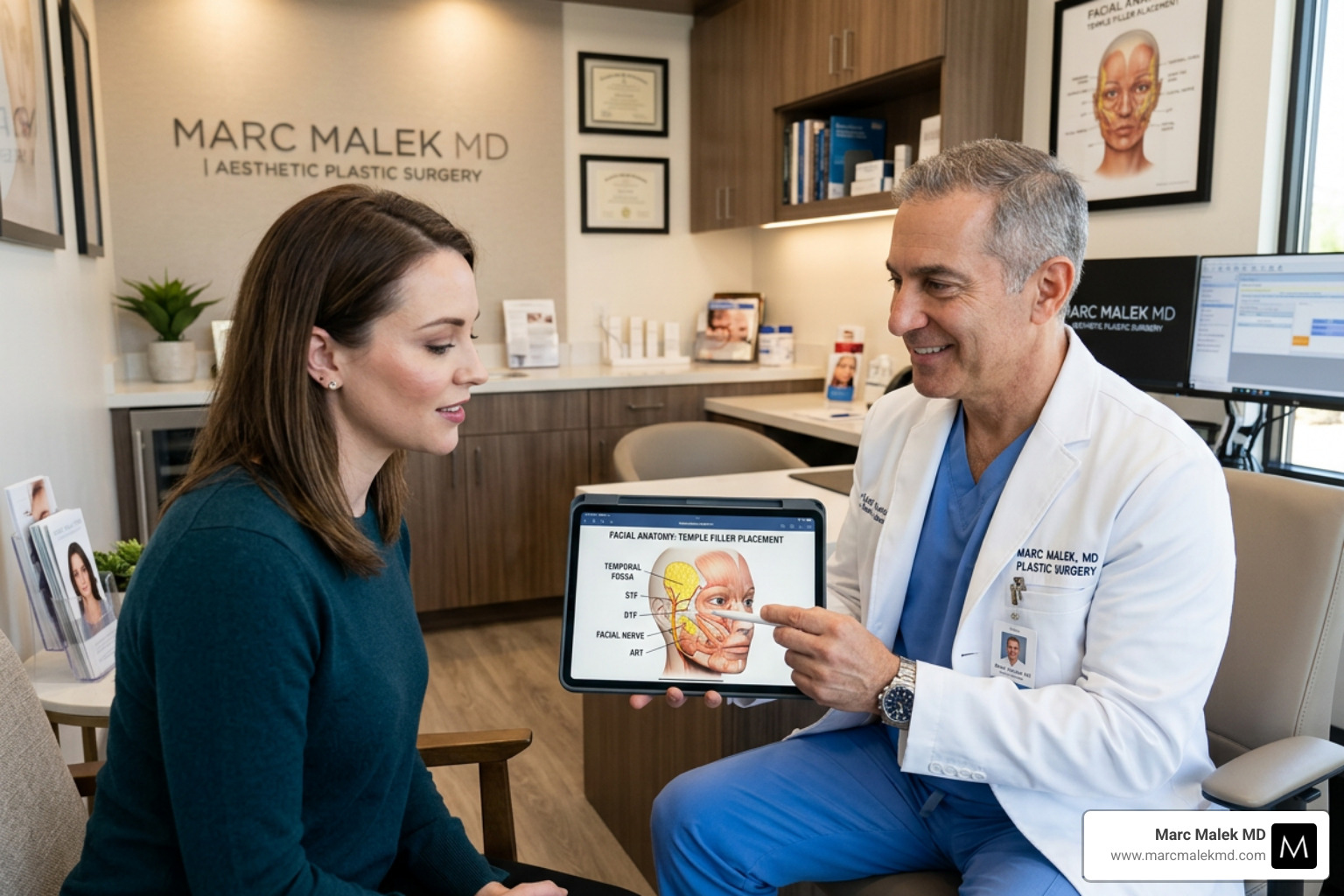 A professional consultation at Marc Malek MD discussing facial anatomy and filler placement - temple dermal filler A professional consultation at Marc Malek MD discussing facial anatomy and filler placement - temple dermal filler