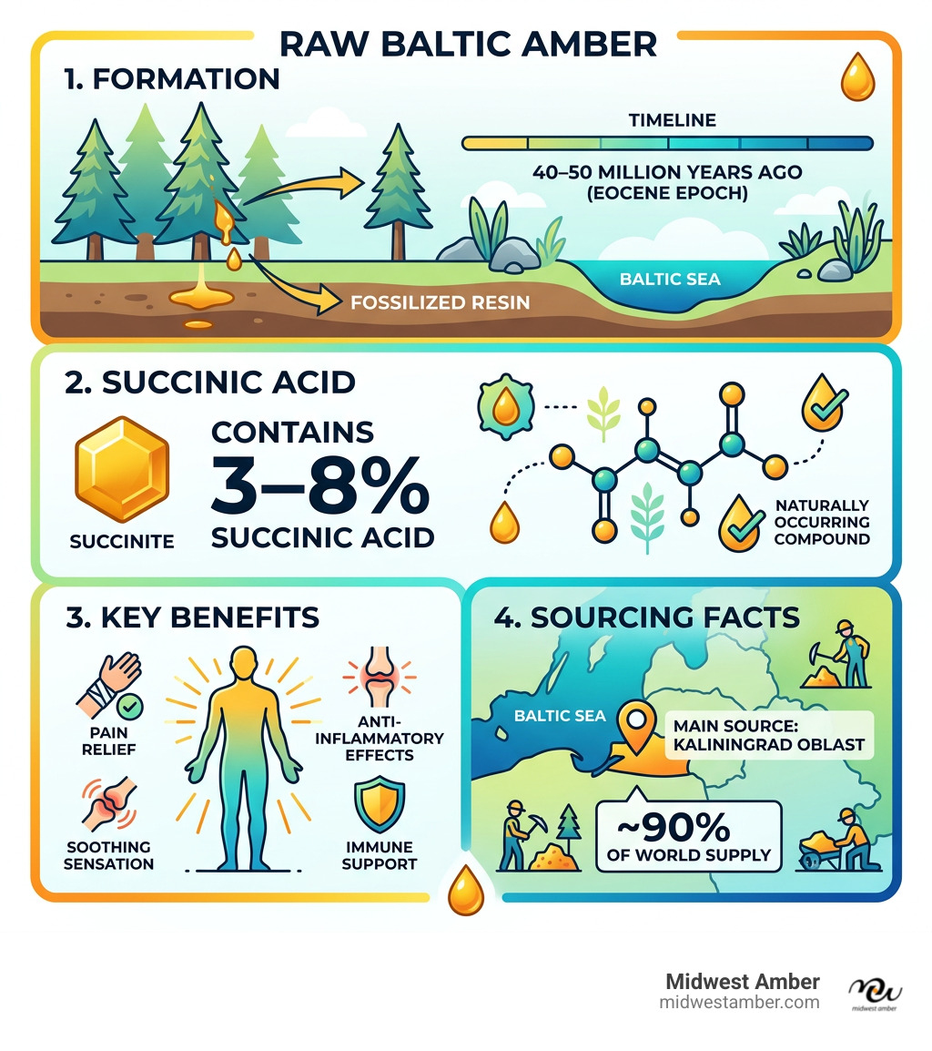 Infographic showing raw Baltic amber formation, succinic acid content, key benefits, and sourcing facts - raw Baltic amber