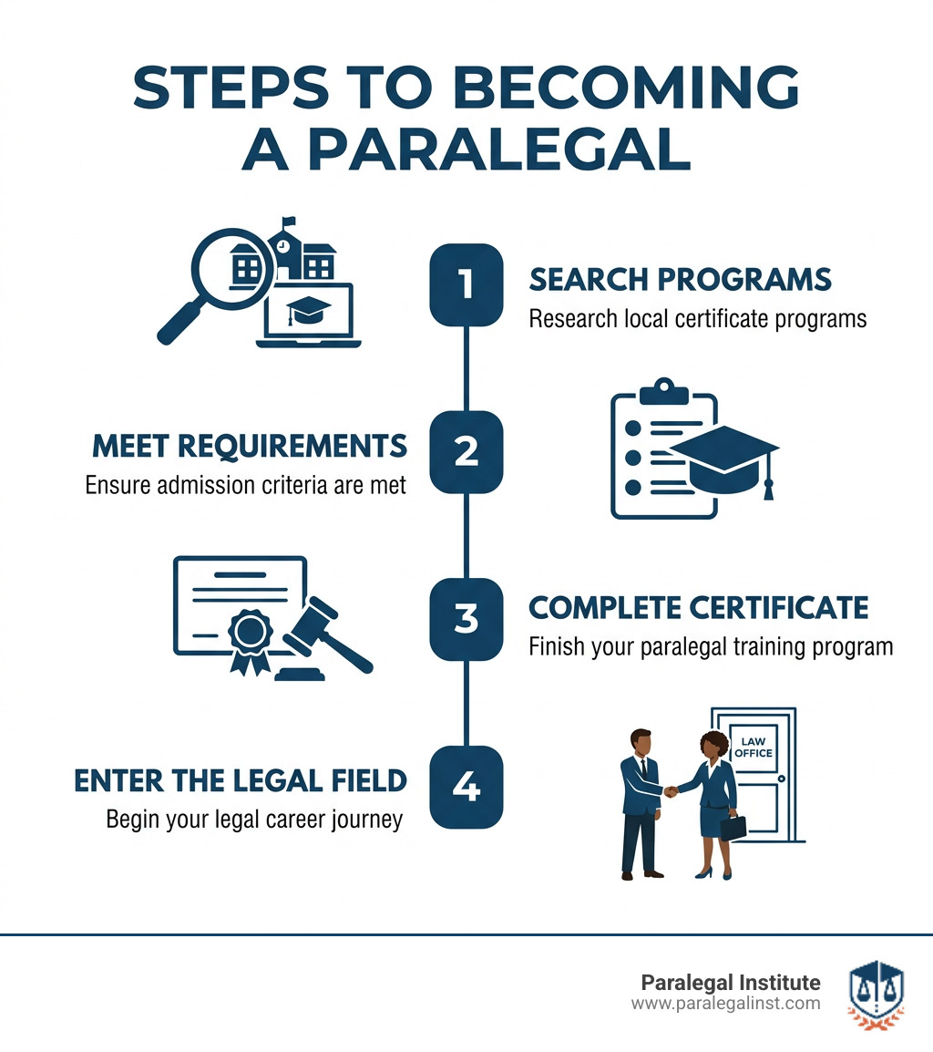 Steps to becoming a paralegal: search programs, meet requirements, complete certificate, enter the legal field - paralegal