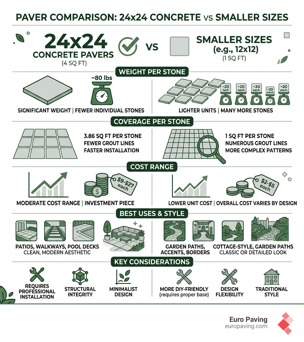 Comparison infographic of 24x24 concrete pavers vs smaller sizes: weight, coverage, cost, and best uses - large concrete