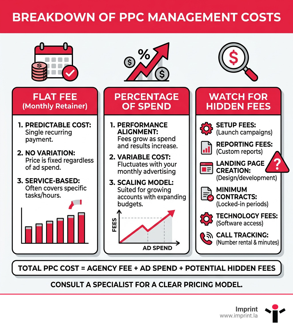 Breakdown of PPC management costs including flat fees, percentage of spend, and hidden fees - google ads agency pricing