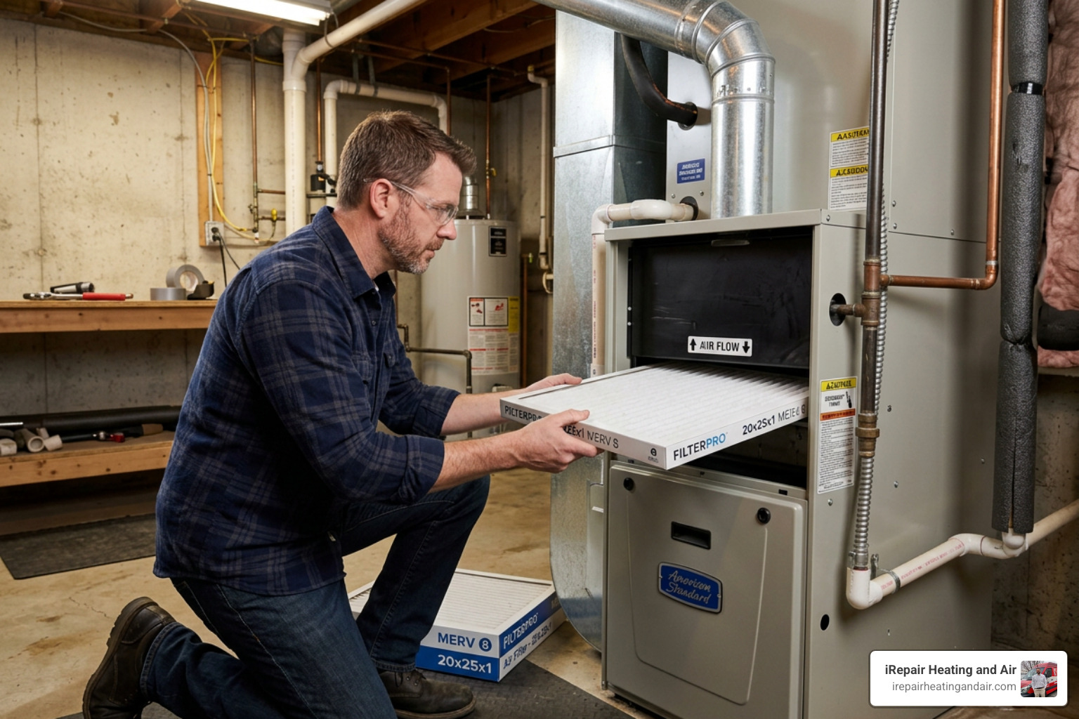 homeowner sliding a new air filter into a furnace - furnace maintenance checklist