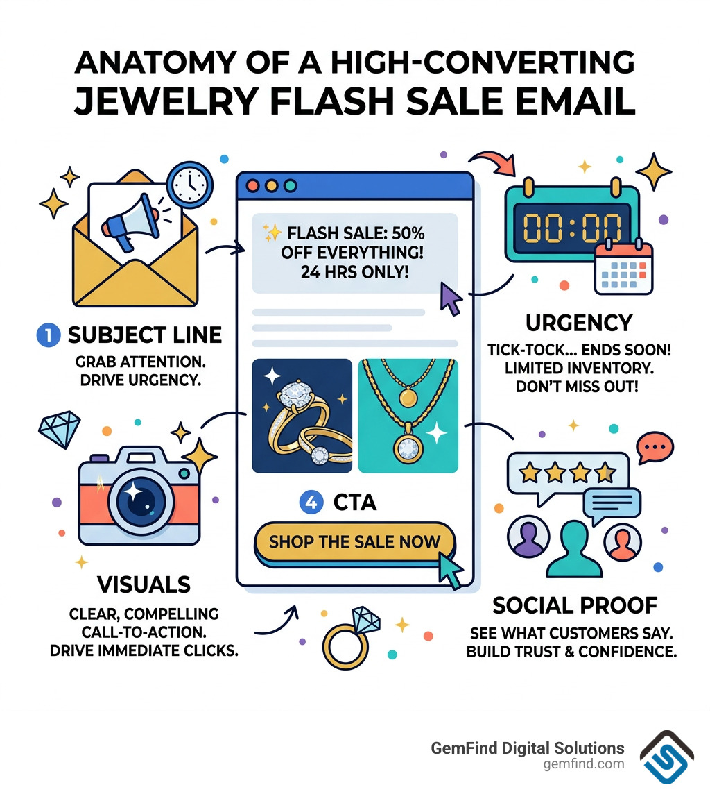 Anatomy of a high-converting jewelry flash sale email: subject line, urgency, visuals, CTA, social proof - flash sale