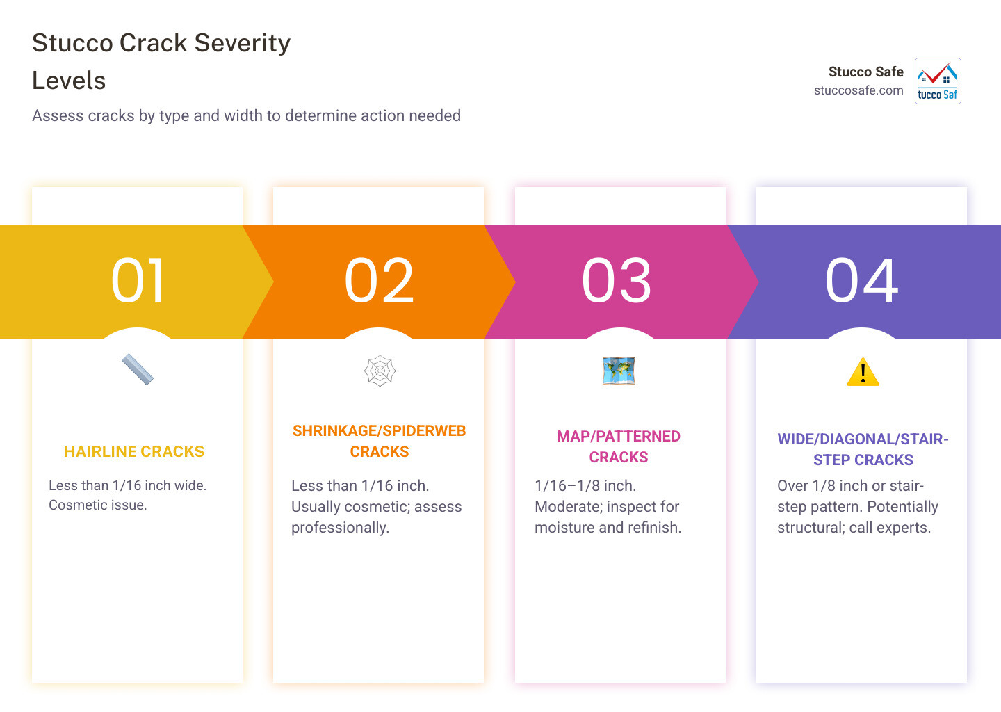 Infographic showing stucco crack severity levels from hairline to structural with action steps - stucco crack assessment Infographic showing stucco crack severity levels from hairline to structural with action steps - stucco crack assessment