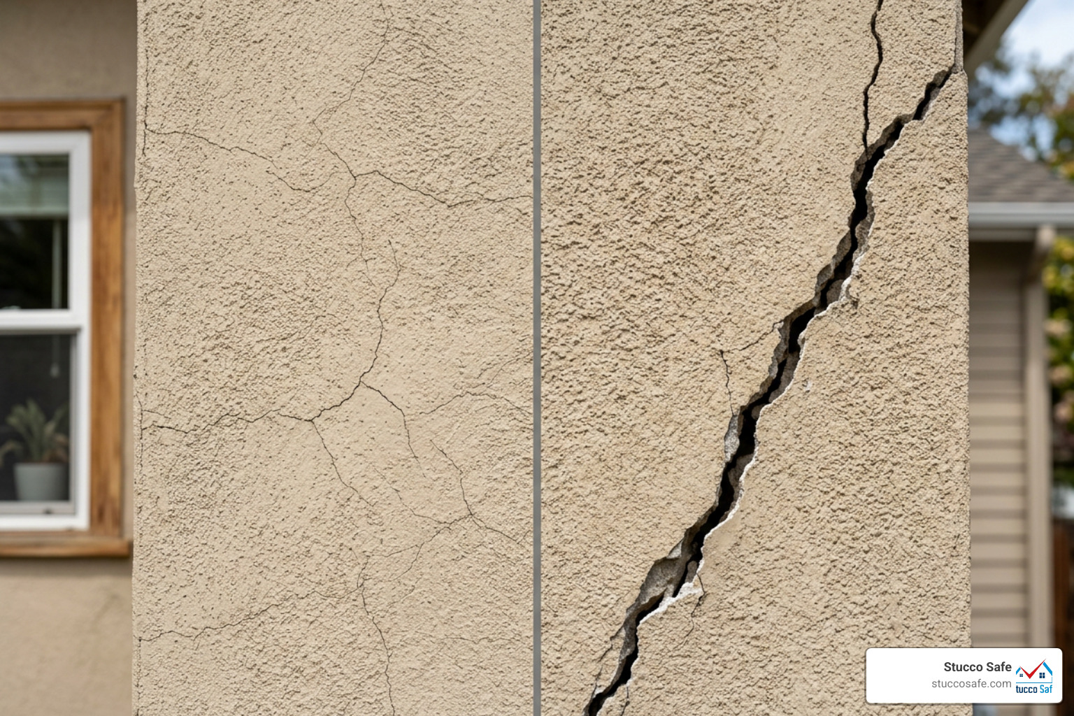 Close up comparison of hairline cracks versus wide structural cracks in stucco - stucco crack assessment Close up comparison of hairline cracks versus wide structural cracks in stucco - stucco crack assessment