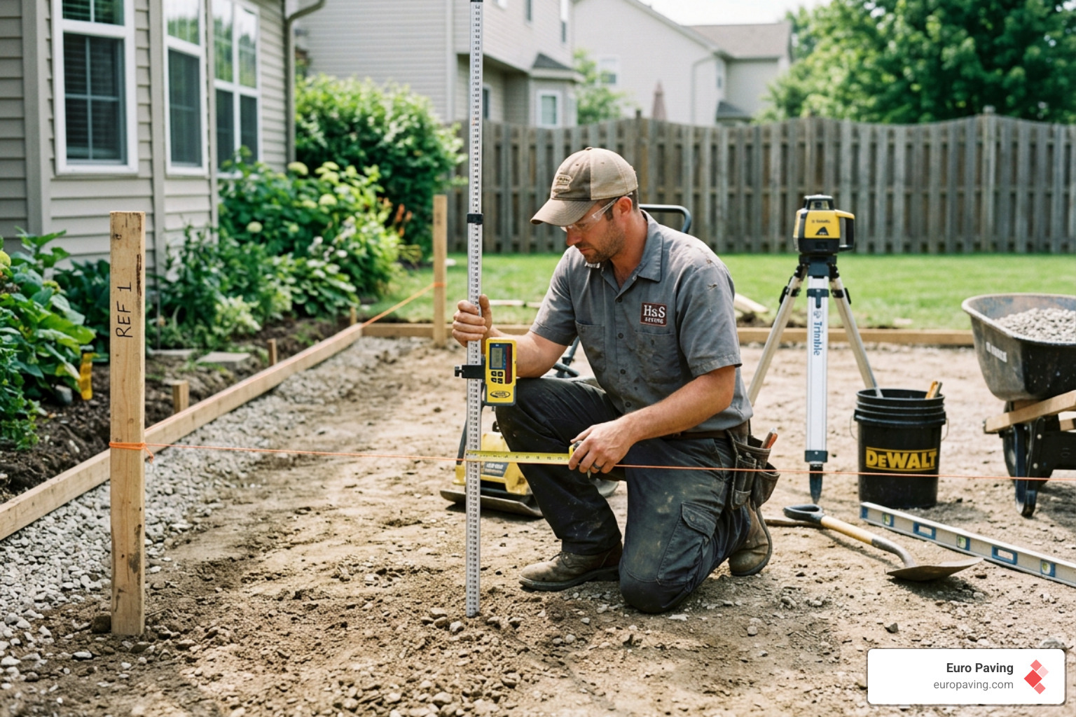 Contractor measuring grade with a string line and stakes - paving slope for drainage