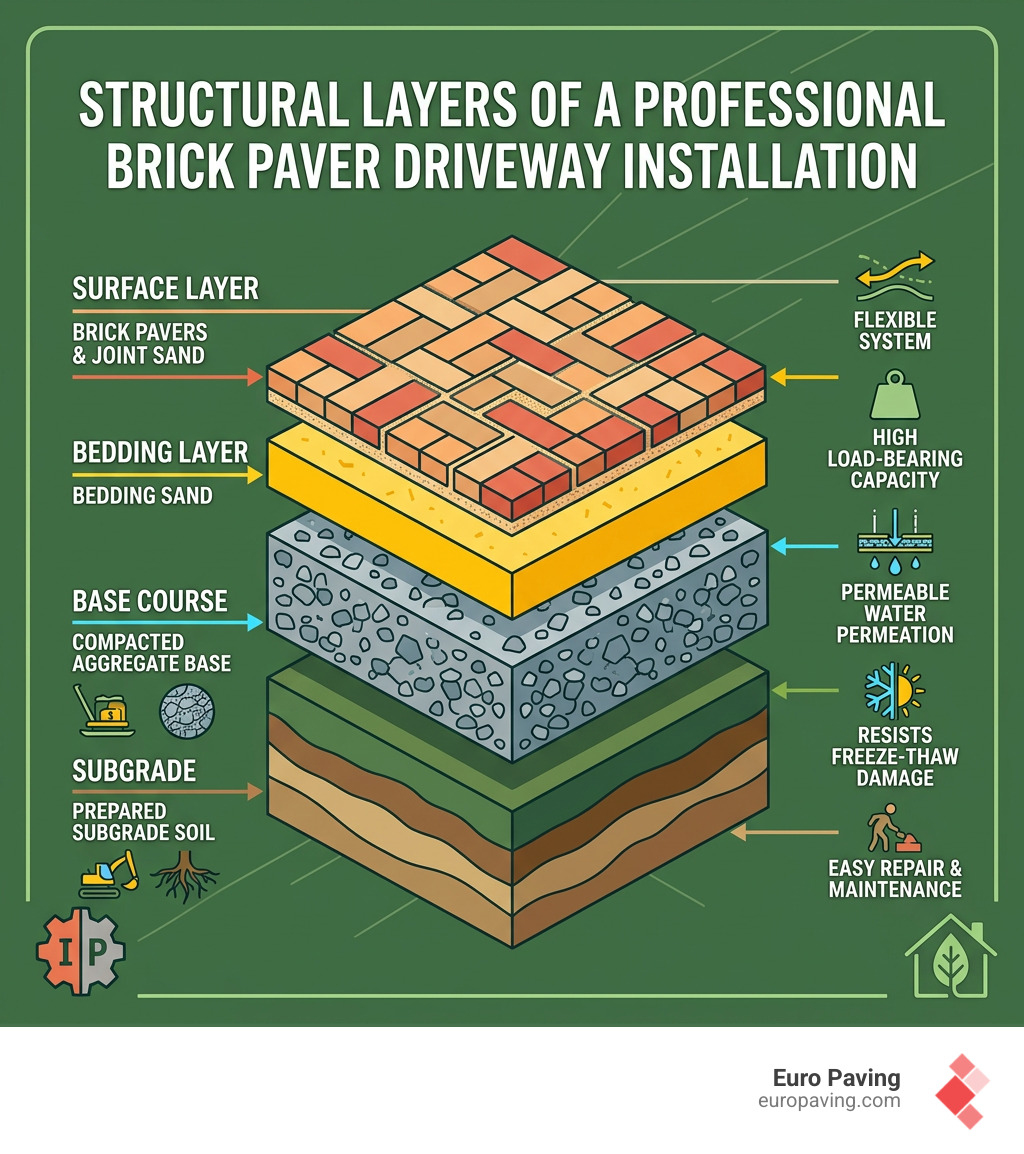Structural layers of a professional brick paver driveway installation infographic - brick paver driveways infographic 