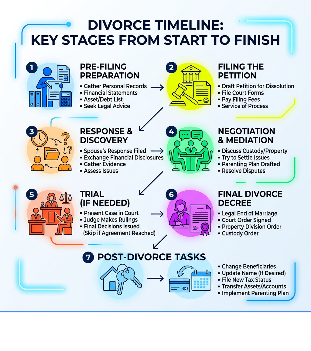 Divorce timeline infographic showing stages from pre-filing to post-divorce tasks - divorce checklist pdf infographic 