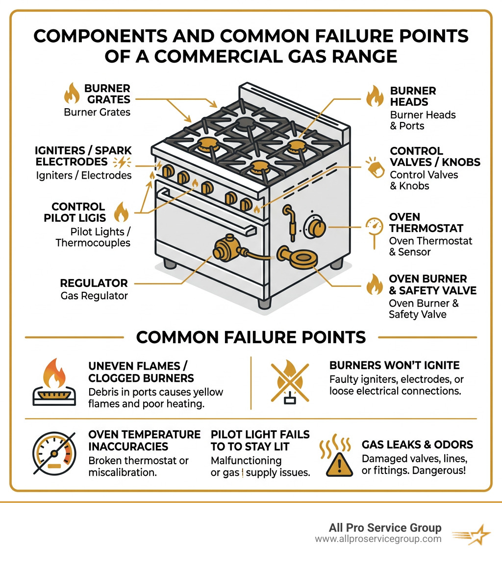 infographic showing components of a commercial gas range and common failure points - commercial gas range repairs infographic showing components of a commercial gas range and common failure points - commercial gas range repairs
