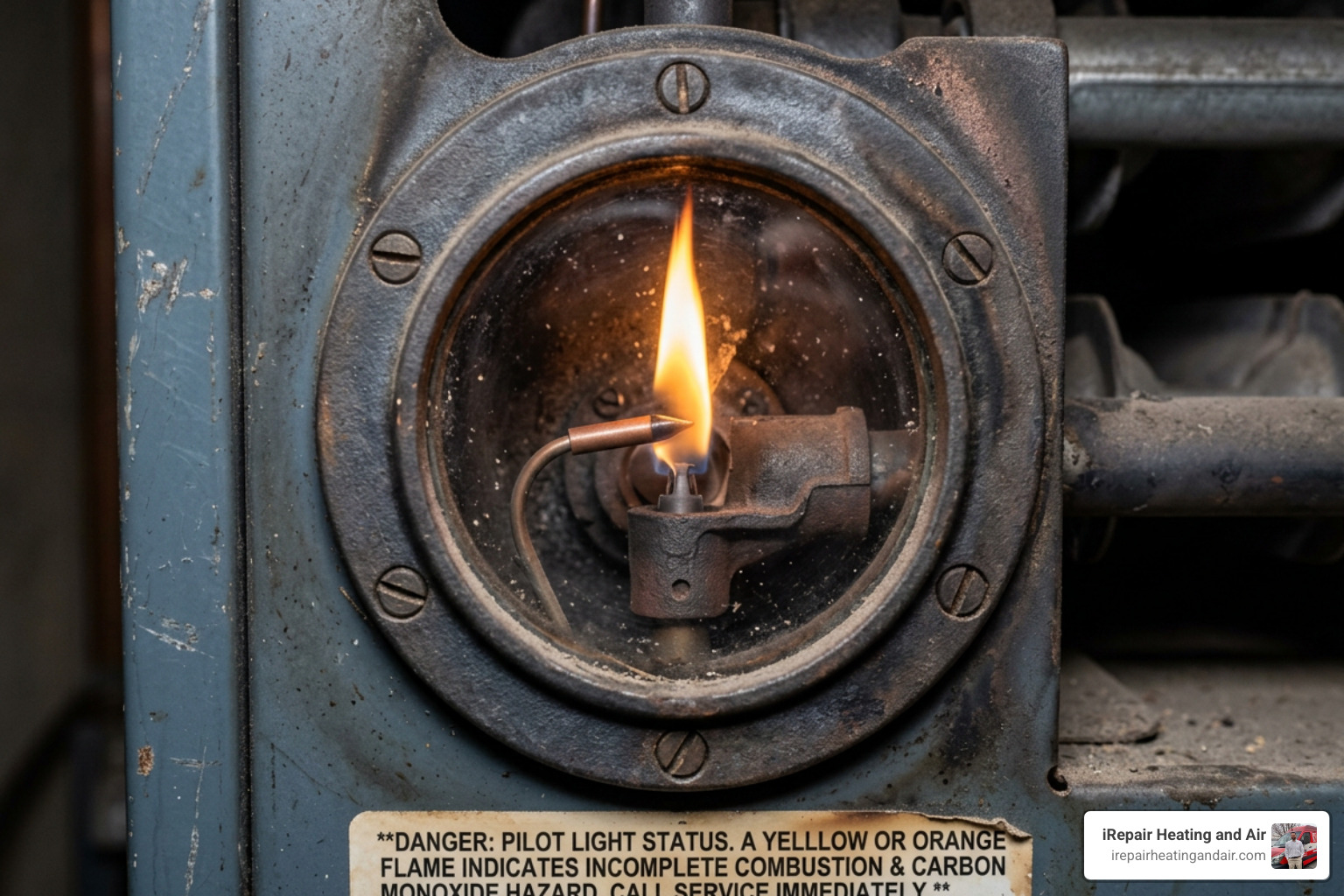 furnace pilot light burning yellow indicating a safety hazard - emergency furnace repair Sandy