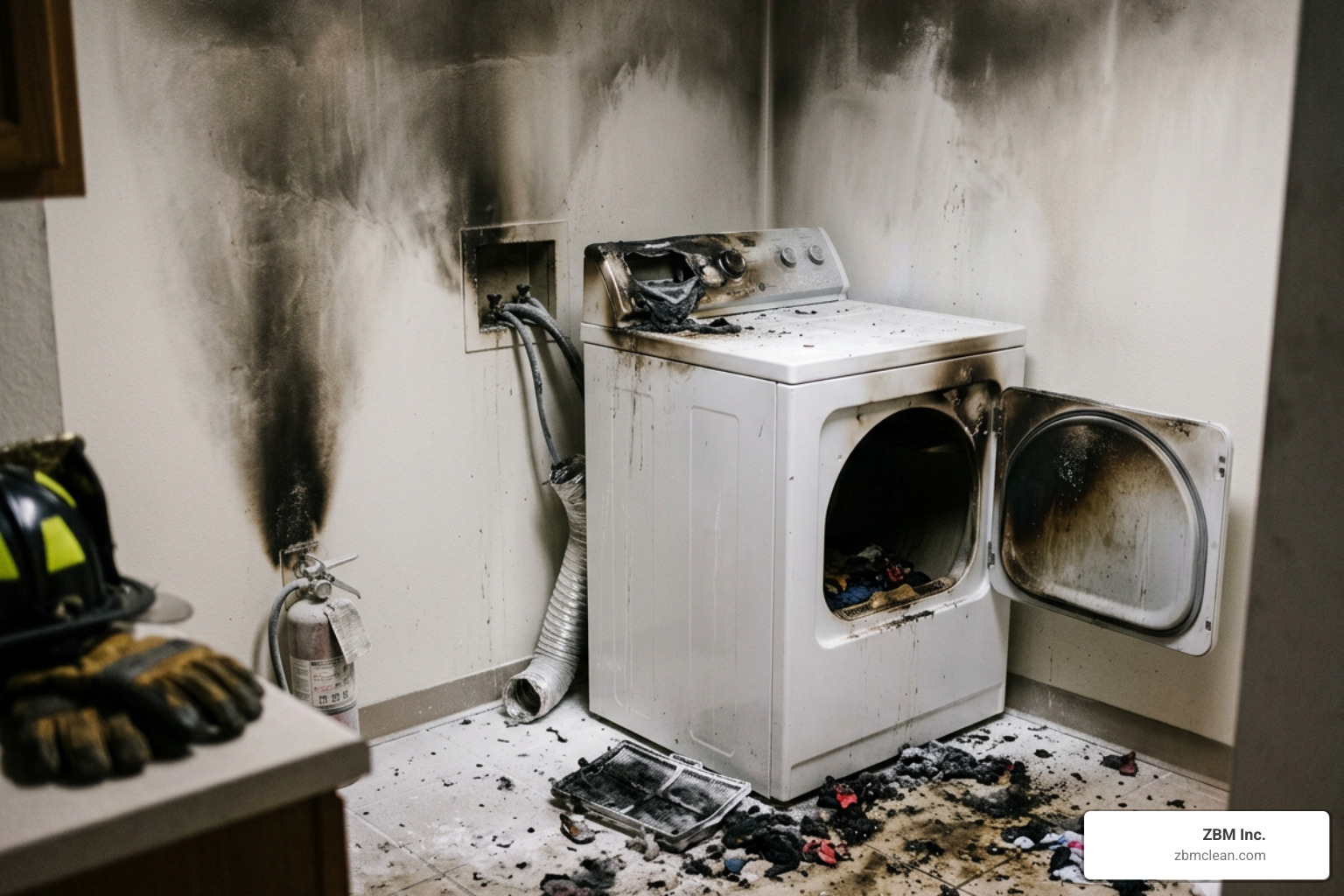 The aftermath of a residential dryer fire showing scorched walls and melted plastic - apartment dryer vent cleaning