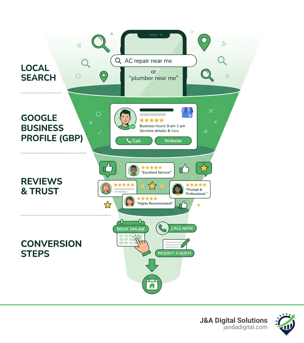 Home services search-to-booking funnel showing local search, Google Business Profile, reviews, and conversion steps - SEO Home services search-to-booking funnel showing local search, Google Business Profile, reviews, and conversion steps - SEO