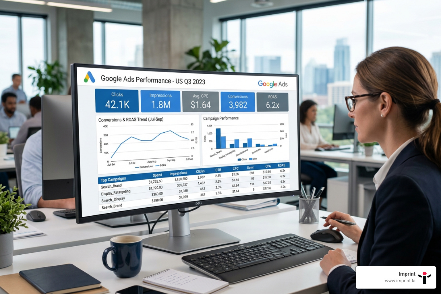 A professional digital marketing analytics dashboard showing Google Ads performance metrics - google ads agency pricing