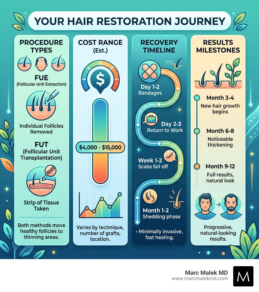Infographic showing hair transplant types, cost range, recovery timeline, and results milestones - hair transplant near me Infographic showing hair transplant types, cost range, recovery timeline, and results milestones - hair transplant near me