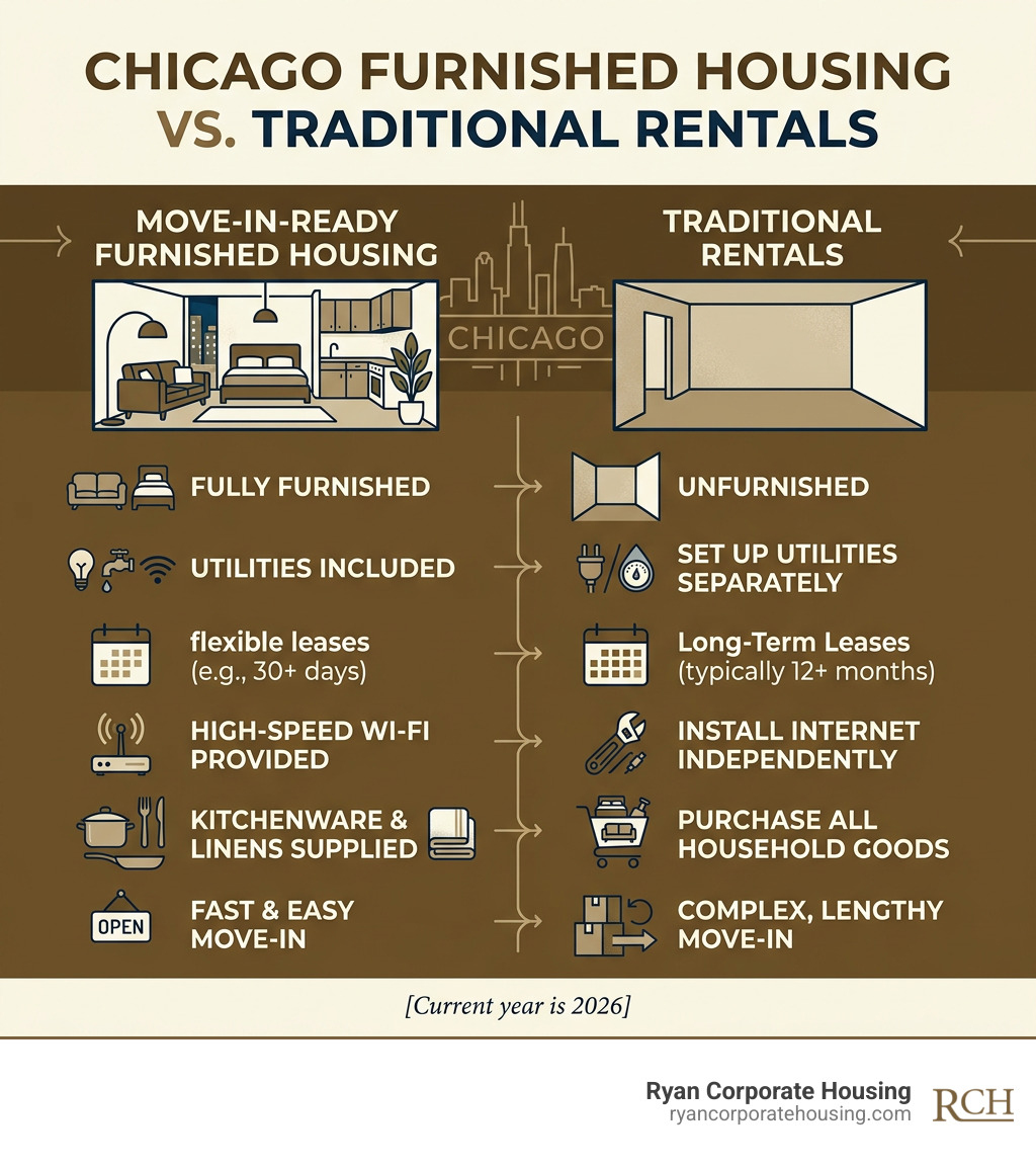 Infographic comparing benefits of move-in-ready Chicago furnished housing vs. traditional rentals - chicago furnished