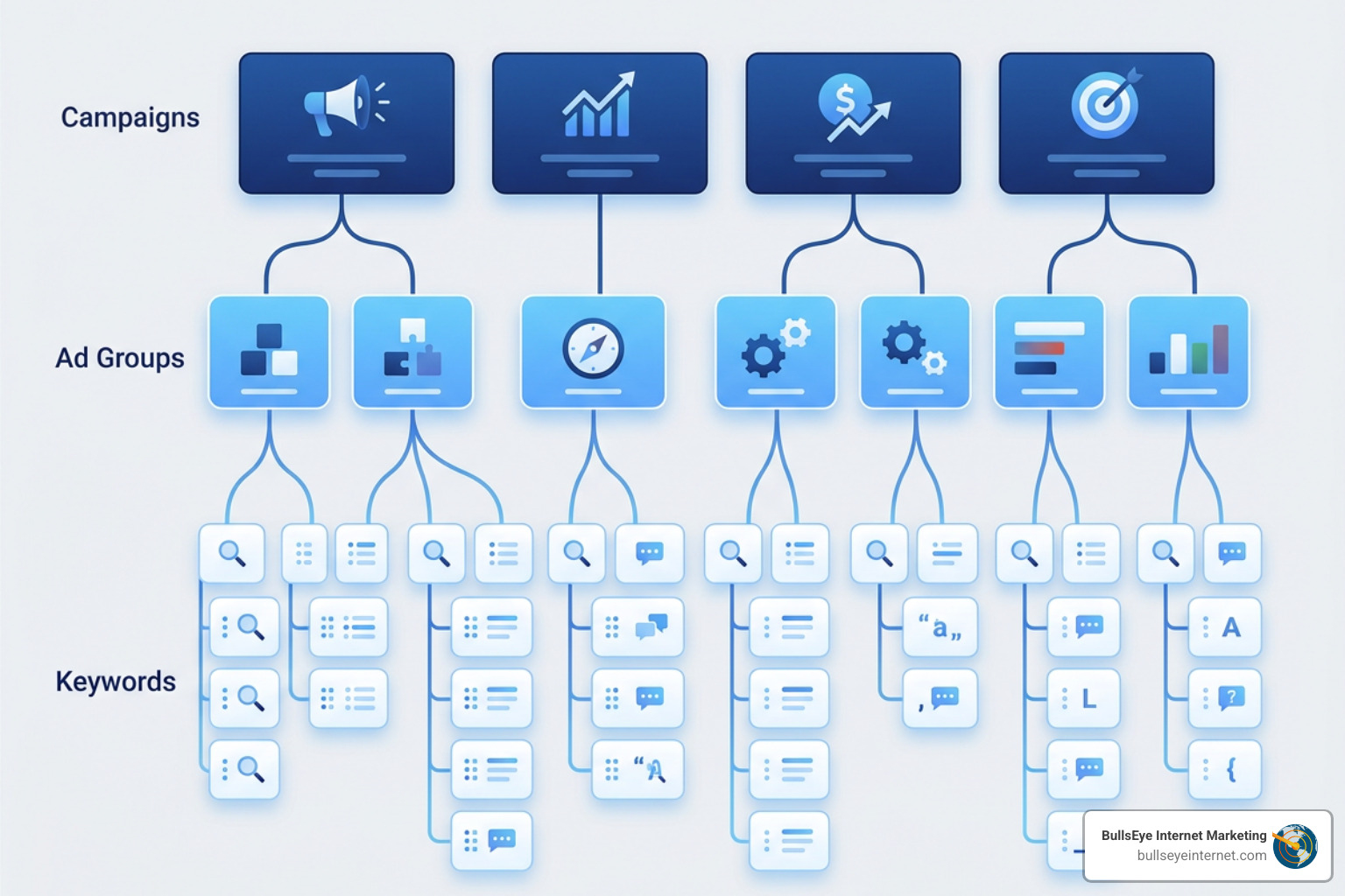Microsoft Advertising account hierarchy showing campaigns, ad groups, and keywords - Bing Ads audit Microsoft Advertising account hierarchy showing campaigns, ad groups, and keywords - Bing Ads audit