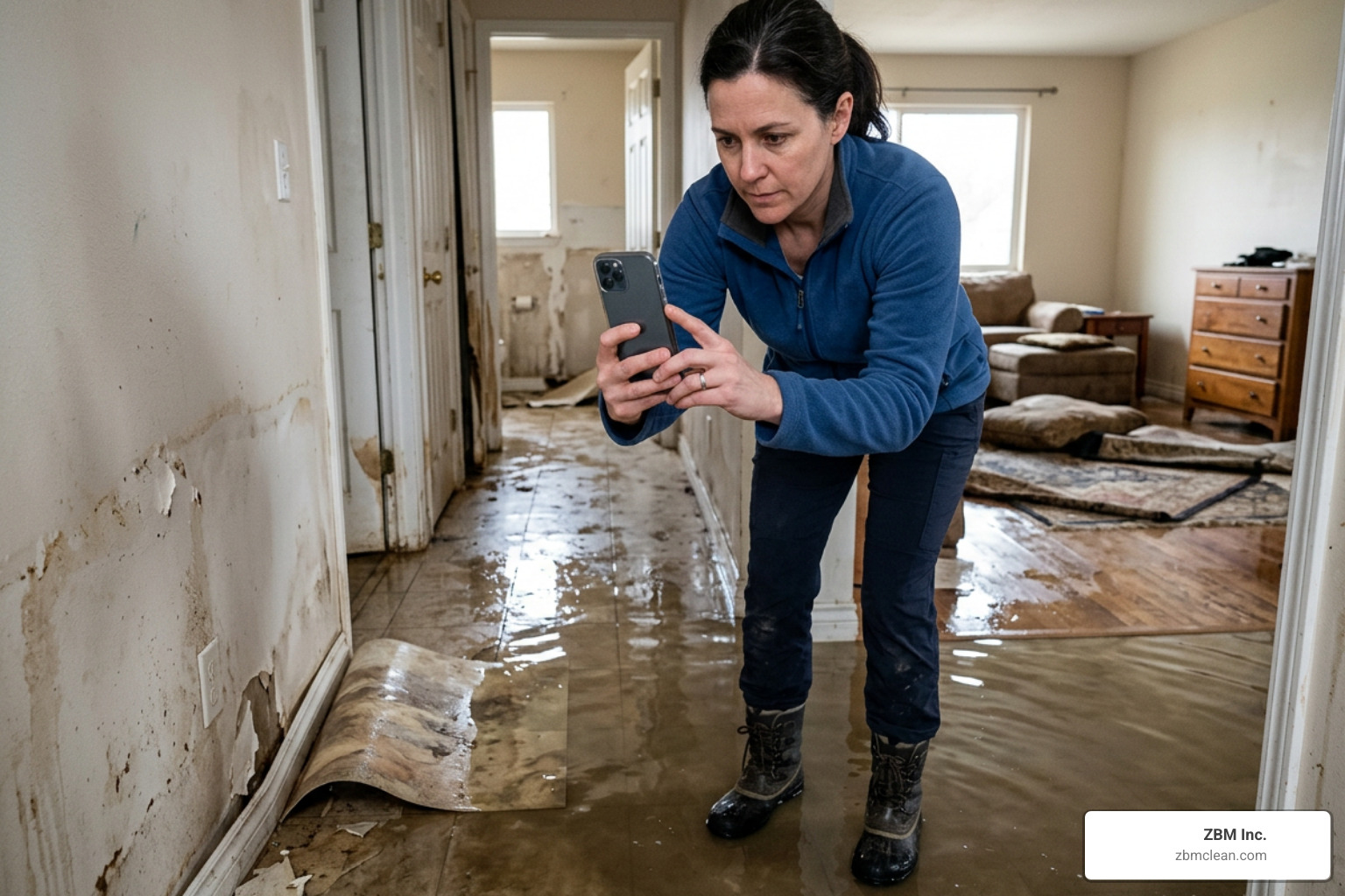 homeowner documenting water damage with a smartphone for insurance purposes - disaster restoration companies near me