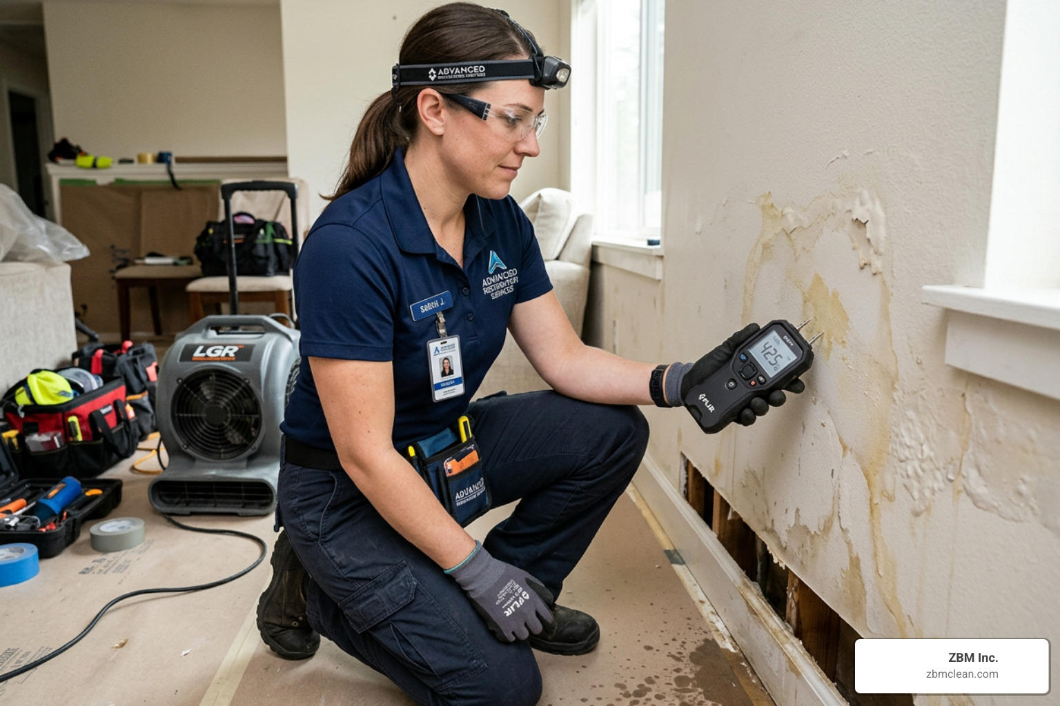 technician using a moisture meter to check for dampness in drywall - disaster restoration companies near me