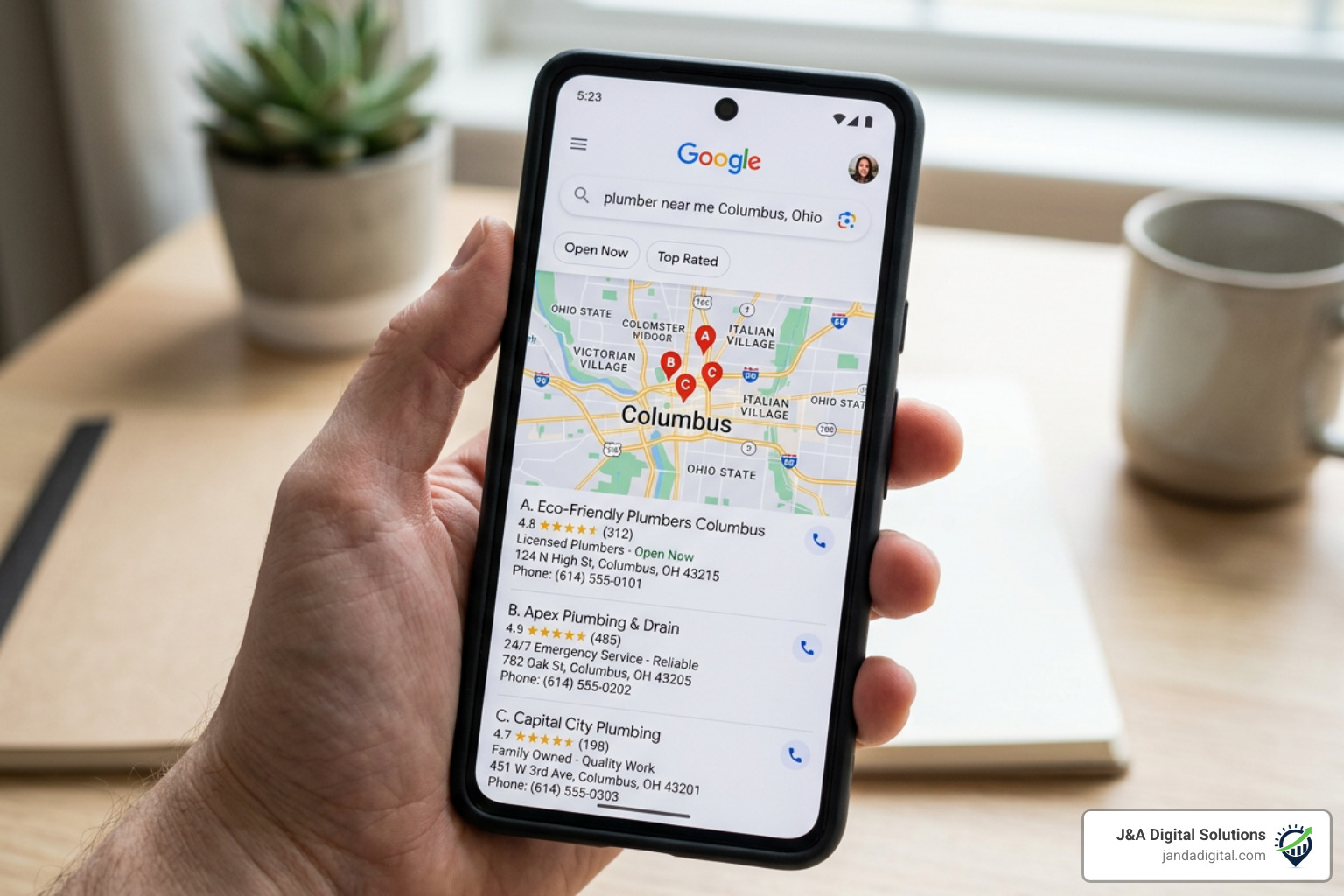 Smartphone displaying local search results for home services in Columbus Ohio - SEO for home services Smartphone displaying local search results for home services in Columbus Ohio - SEO for home services