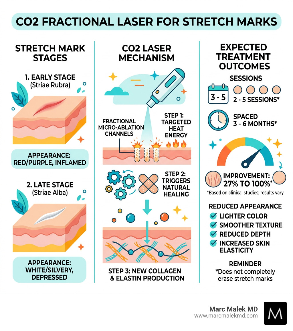 Infographic showing stretch mark stages, CO2 laser mechanism, and expected treatment outcomes - co2 fractional laser for Infographic showing stretch mark stages, CO2 laser mechanism, and expected treatment outcomes - co2 fractional laser for
