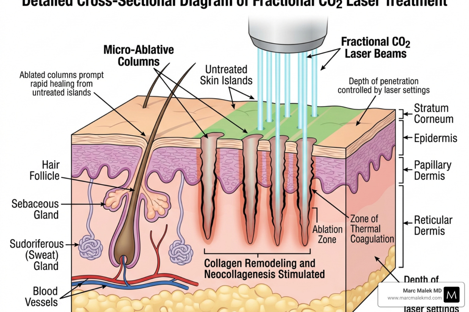 Graphic illustrating the fractional laser creating Micro-Ablative Columns in the skin layers - co2 fractional laser for Graphic illustrating the fractional laser creating Micro-Ablative Columns in the skin layers - co2 fractional laser for