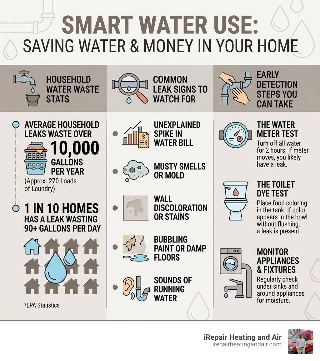 infographic showing household water waste stats, common leak signs, and early detection steps - water leak detection provo