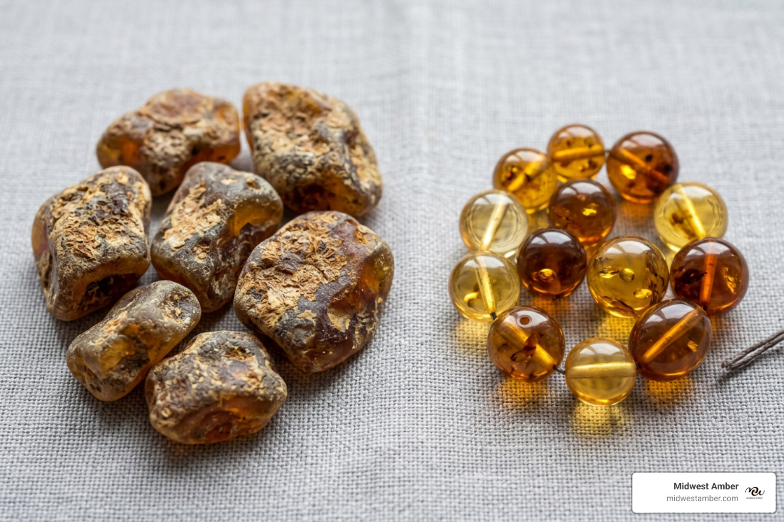 Comparison of rough raw amber stones to polished jewelry beads - raw Baltic amber