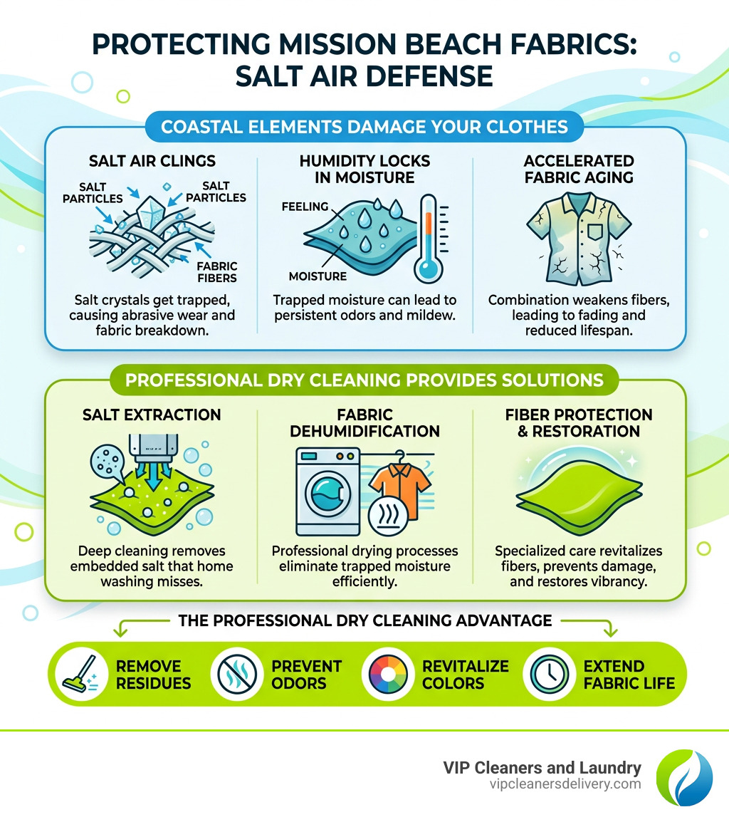 Infographic showing how coastal humidity and salt air damage fabrics and why professional dry cleaning helps - Dry Cleaners Infographic showing how coastal humidity and salt air damage fabrics and why professional dry cleaning helps - Dry Cleaners