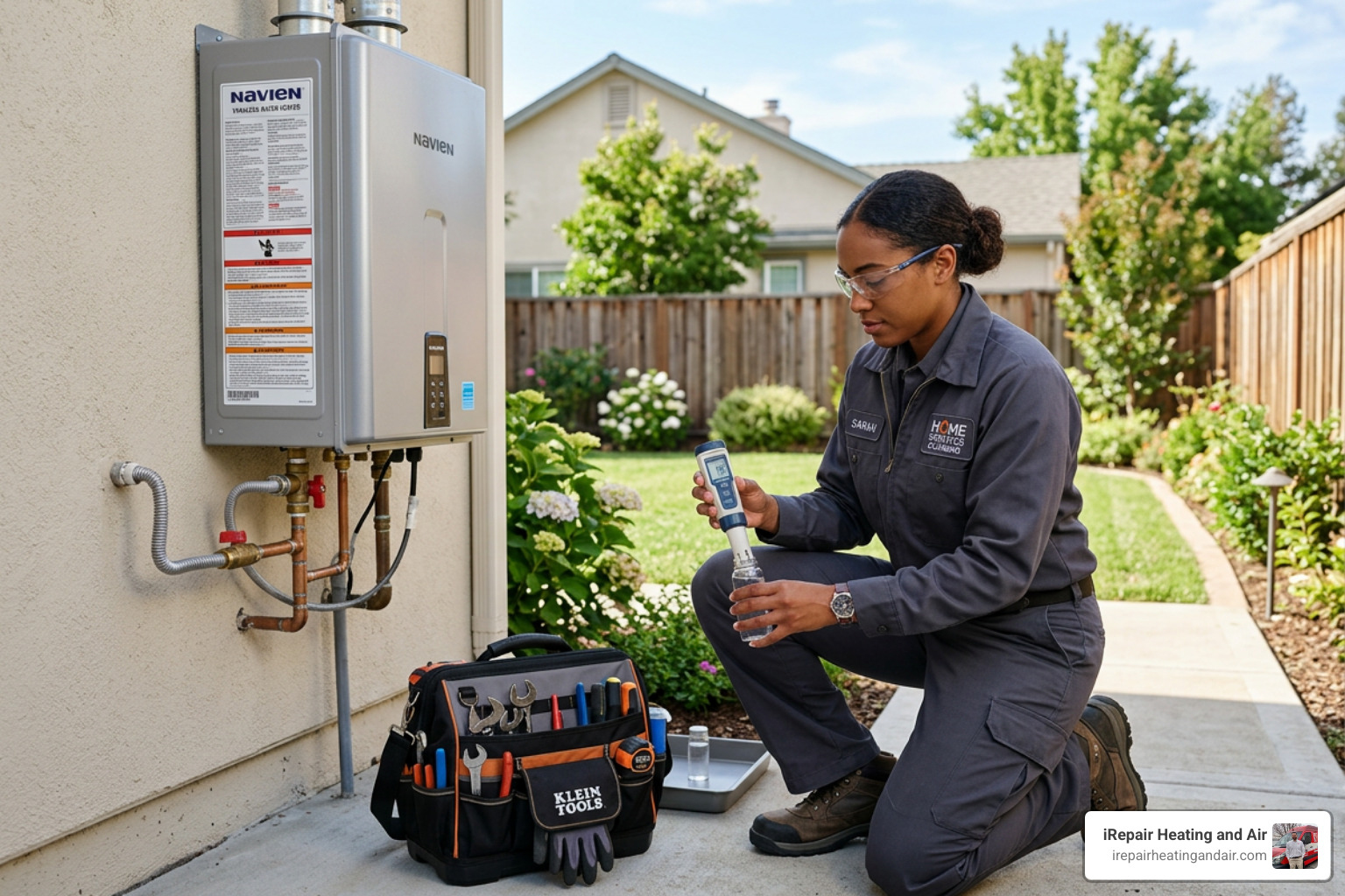 Technician measuring water hardness levels near a tankless unit - tankless water heater maintenance