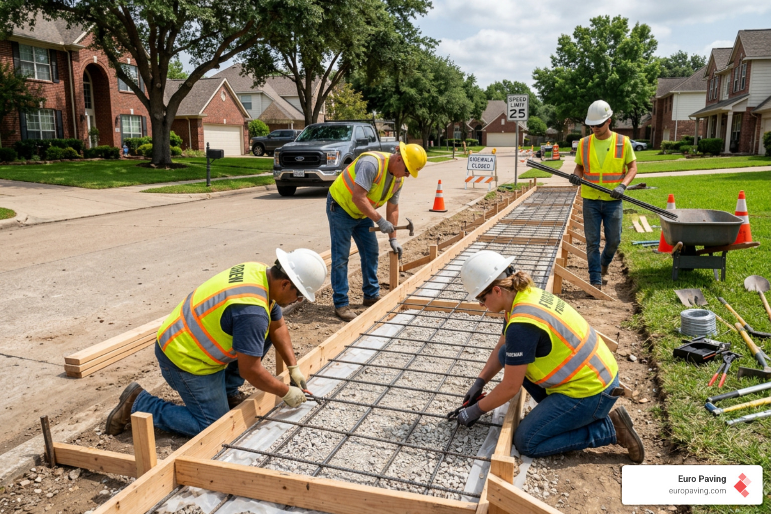 A professional crew setting up steel reinforcements and wooden forms for a new concrete sidewalk - sidewalk paving