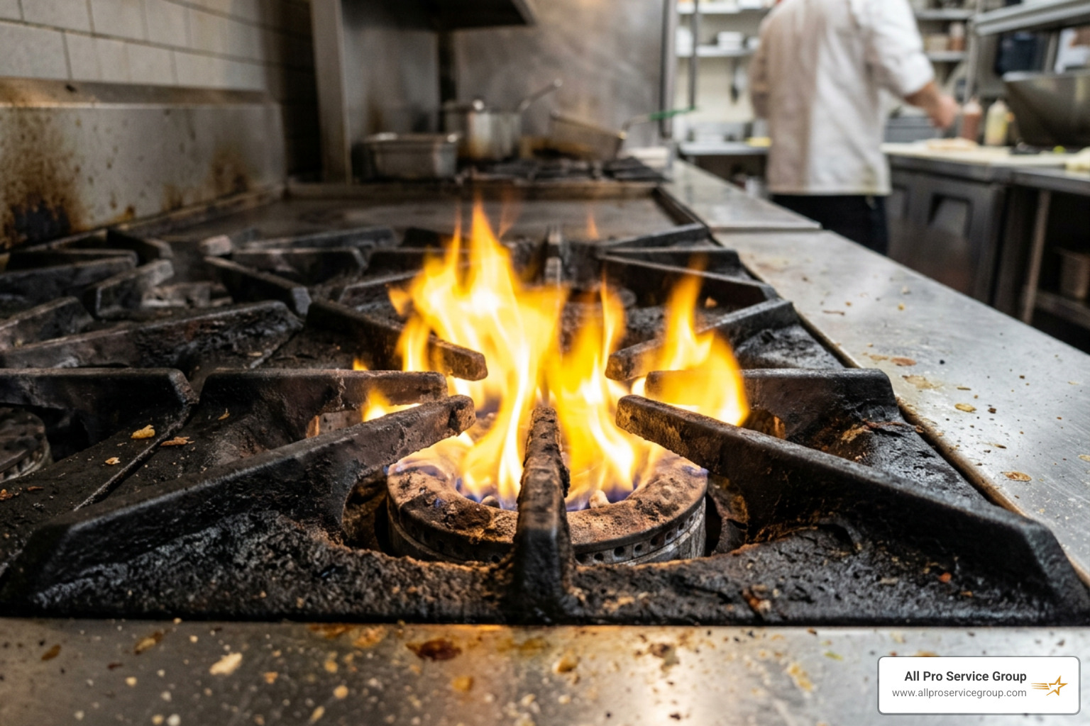 a burner with a yellow flame indicating poor combustion - commercial gas range repairs a burner with a yellow flame indicating poor combustion - commercial gas range repairs