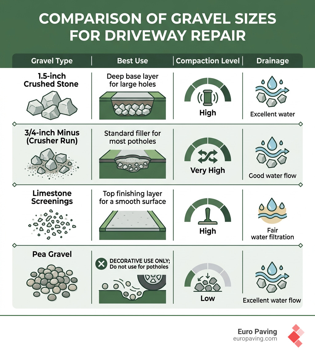 Comparison of gravel sizes and their effectiveness for driveway repair - fill potholes in gravel driveway infographic 