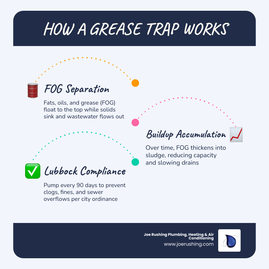 Infographic showing how a grease trap works: FOG separation, cleaning schedule, and Lubbock compliance steps - grease trap